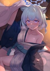 Rule 34 | 1girl, absurdres, animal ears, arm support, bath yukata, blanket, blue archive, blue jacket, blush, breasts, breath, cleavage, collarbone, commentary, extra ears, green hair, halo, hanten (clothes), highres, holding, holding blanket, indoors, jacket, jacket partially removed, japanese clothes, kimono, kuroliu 9021, looking at viewer, medium breasts, official alternate costume, purple eyes, shigure (blue archive), shigure (hot spring) (blue archive), single bare shoulder, sitting, smile, solo, sweat, tatami, teeth, tokkuri, upper teeth only, weasel ears, wide sleeves, yukata