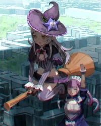 Rule 34 | 2girls, black gloves, blue dress, blue hair, breasts, broom, broom riding, capelet, cleavage cutout, closed eyes, clothing cutout, cropped shirt, dress, drill hair, gin e12, gloves, grey hair, grey thighhighs, hat, highres, hololive, long sleeves, maid, maid headdress, medium breasts, minato aqua, minato aqua (1st costume), miniskirt, multicolored hair, multiple girls, murasaki shion, murasaki shion (1st costume), open mouth, pink hair, purple capelet, purple headwear, purple skirt, shirt, sidelocks, skirt, small breasts, striped clothes, striped shirt, striped thighhighs, thighhighs, twin drills, two-tone hair, vertical-striped clothes, vertical-striped shirt, vertical-striped thighhighs, virtual youtuber, witch hat, yellow eyes