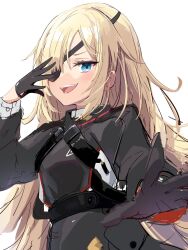 Rule 34 | 1girl, :d, amagasa nadame, black dress, black gloves, blonde hair, blue eyes, blush, breasts, dress, eyepatch, gloves, goddess of victory: nikke, guillotine (nikke), half gloves, hand on own face, highres, long hair, military uniform, open mouth, simple background, small breasts, smile, solo, uniform, upper body, wavy hair, white background