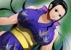 Rule 34 | 1girl, arms at sides, bare shoulders, black hair, bow, breasts, breasts apart, female focus, from above, green eyes, hair bow, highres, huge breasts, indoors, japanese clothes, long hair, looking at viewer, low ponytail, lying, nico robin, obi, one piece, parted lips, purple bow, sash, sleeveless, solo, upper body