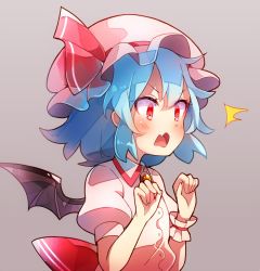 Rule 34 | 1girl, 60mai, ^^^, bat wings, blue hair, blush, brooch, commentary request, dress, fang, grey background, hands up, hat, hat ribbon, jewelry, mob cap, open mouth, pink dress, pink hat, puffy short sleeves, puffy sleeves, red eyes, red ribbon, remilia scarlet, ribbon, short hair, short sleeves, simple background, solo, touhou, upper body, v-shaped eyebrows, wings, wrist cuffs