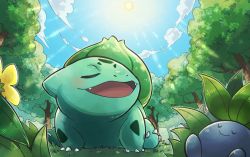 Rule 34 | :d, blush, bulbasaur, claws, cloud, commentary request, creatures (company), day, closed eyes, fangs, flower, game freak, gen 1 pokemon, grass, nintendo, no humans, oddish, open mouth, outdoors, pkpokopoko3, pokemon, pokemon (creature), sky, smile, sun, tongue, tree, yellow flower
