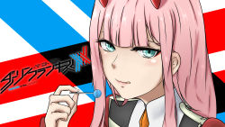 Rule 34 | 1girl, absurdres, blush, bodysuit, candy, closed mouth, colored sclera, commentary, darling in the franxx, english commentary, english text, eyebrows hidden by hair, food, green eyes, hair between eyes, highres, horns, lollipop, looking at viewer, oni horns, orange neckwear, pink hair, red bodysuit, red horns, red sclera, shippaidayo, smile, solo, straight hair, tongue, tongue out, uniform, zero two (darling in the franxx)
