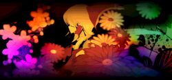 Rule 34 | 1girl, abstract, black background, colorful, female focus, flower, from side, hakurei reimu, profile, simple background, solo, touhou, upper body, yoshioka yoshiko