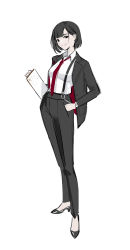 Rule 34 | 1girl, black eyes, black footwear, black hair, black jacket, black suit, bob cut, clipboard, closed mouth, collared shirt, contrapposto, formal, hand in pocket, high heels, highres, holding, holding clipboard, jacket, looking at viewer, medium hair, milim nova, necktie, open clothes, open jacket, original, pant suit, pants, red necktie, shirt, shoes, simple background, smile, solo, standing, suit, watch, white background, white shirt, wing collar, wristwatch