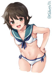 Rule 34 | 1girl, adapted costume, bikini, blue sailor collar, blush, breasts, brown eyes, brown hair, collarbone, cowboy shot, ebifurya, hands on own hips, highres, kantai collection, leaning forward, looking at viewer, miyuki (kancolle), navel, one-hour drawing challenge, open mouth, sailor collar, short hair, simple background, small breasts, smile, swimsuit, twitter username, white background, white bikini