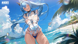 Rule 34 | 1girl, beach, bikini, bikini under clothes, bird, blue bikini, blue eyes, blue hair, blush, braid, breasts, closed eyes, cloud, copyright name, day, fish, gloves, gluteal fold, goddess of victory: nikke, hair intakes, headgear, helm (aqua marine) (nikke), helm (nikke), highres, large breasts, long hair, official alternate costume, official art, open hands, palm tree, parted lips, pinkmill, ponytail, see-through, see-through shirt, shirt, side-tie bikini bottom, sky, smile, solo, swimsuit, thigh gap, tree, wet, wet clothes, wet shirt, white gloves, white shirt
