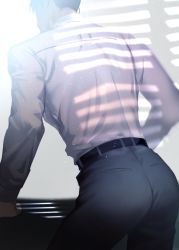 Rule 34 | 1boy, ass, back, belt, black hair, building, chub 01, highres, hold up, huge ass, light, long sleeves, male focus, original, pants, shirt, solo, tight clothes, white shirt, wtf?