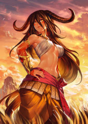 Rule 34 | 1girl, arm tattoo, armlet, bare shoulders, blurry, bracer, breasts, brown hair, cloud, commentary request, depth of field, field, goat horns, hair between eyes, hand on own hip, highres, horns, jewelry, large breasts, long hair, looking away, navel, necklace, original, outdoors, patipat asavasena, skirt, sky, solo, standing, stomach, tattoo, underboob, very long hair, wind, yellow eyes