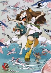 Rule 34 | 1girl, animal ears, artist name, bottle, brown hair, child, corrupted twitter file, fangs, fish, flying fish, furry, furry female, helmet, highres, jumping, motorcycle helmet, open mouth, original, ribbon, sharkitty (yogin), shirt, shorts, statue, tail, tongue, tongue out, water, waves, white shirt, xiao man (yogin), yogin