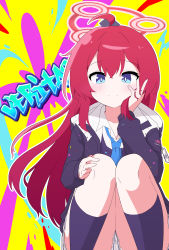 Rule 34 | 1girl, absurdres, ahoge, alternate hairstyle, arm support, blue archive, blue eyes, blue necktie, blue sweater vest, bright pupils, commentary request, graffiti, hagoonha, hair between eyes, hair down, halo, head rest, highres, long hair, long sleeves, looking at viewer, maki (blue archive), necktie, paint on clothes, panties, pantyshot, pleated skirt, red hair, school uniform, shirt, sidelocks, skirt, solo, squatting, sweater vest, underwear, white panties, white shirt