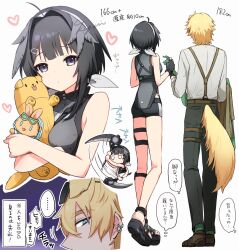 Rule 34 | ..., 1boy, 1girl, 9kugai, ahoge, animal ears, anklet, arknights, ass, bare shoulders, bird girl, black eyes, black gloves, black hair, black pants, black shirt, black shorts, blue eyes, breasts, brother and sister, commentary request, cropped torso, dog boy, dog ears, dog tail, earrings, expressionless, eyewear on head, feather hair, fingerless gloves, from behind, full body, glaring, gloves, grey shirt, hair intakes, hair ornament, hair ribbon, hairband, hairclip, heart, height, highres, holding, holding clothes, holding jacket, hugging doll, hugging object, jacket, jewelry, la pluma (arknights), looking at viewer, medium breasts, official alternate costume, pants, ribbon, sandals, shirt, shorts, siblings, signature, speech bubble, spoken ellipsis, standing, step-siblings, stuffed animal, stuffed toy, sunglasses, suspenders, tail, tequila (arknights), tequila (cardwinner) (arknights), thigh strap, thought bubble, translation request, unworn jacket, white hairband, white ribbon, zipper, zipper pull tab