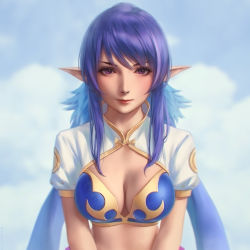Rule 34 | 1girl, bad id, bad pixiv id, blue hair, blue sky, breasts, cleavage, closed mouth, cloud, cloudy sky, commentary request, day, eyebrows hidden by hair, highres, judith (tales), long hair, looking at viewer, low twintails, medium breasts, miura-n315, outdoors, pointy ears, puffy short sleeves, puffy sleeves, purple eyes, purple hair, red lips, short sleeves, shrug (clothing), sky, solo, tales of (series), tales of vesperia, twintails, upper body, v-shaped eyebrows, very long hair