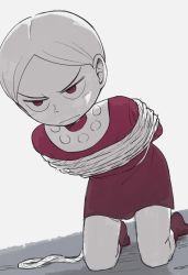Rule 34 | 1boy, aboutama, blonde hair, child, daida, frown, full body, kneeling, male focus, monochrome, ousama ranking, red eyes, restrained, rope, short hair, solo