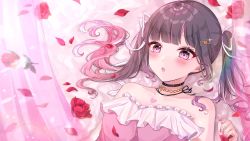 Rule 34 | 1girl, :o, black choker, black hair, choker, collarbone, flower, gradient hair, highres, himemiya rie, looking down, medium hair, mole, mole under eye, multicolored hair, open mouth, phase connect, pink eyes, pink hair, portrait, red flower, red rose, rose, shain, solo, twintails, virtual youtuber