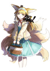 Rule 34 | 1girl, :d, absurdres, animal, animal ear fluff, animal ears, arknights, basket, black cat, blonde hair, blue hairband, blue skirt, blush, brown jacket, cat, commentary request, crossover, fox ears, fox girl, fox tail, frilled hairband, frills, green eyes, hairband, heixiu, high-waist skirt, highres, holding, holding basket, jacket, kitsune, long sleeves, luo xiaohei, mou (piooooon), multicolored hair, neck ribbon, on head, open clothes, open jacket, open mouth, puffy long sleeves, puffy sleeves, red ribbon, ribbon, shirt, simple background, skirt, smile, suzuran (arknights), suzuran (spring praise) (arknights), tail, luo xiaohei zhanji, two-tone hair, white background, white hair, white shirt