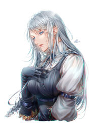 Rule 34 | 1girl, 2023, arm belt, artist name, belt, belt buckle, black gloves, black vest, blue belt, blue eyes, blue ribbon, braid, breasts, buckle, chromatic aberration, colored eyelashes, dated, doro (sabarudoro), eyelashes, final fantasy, final fantasy xvi, gloves, grey hair, hand on own chest, hand up, high collar, jill warrick, lips, long hair, medium breasts, neck ribbon, nose, parted lips, pink lips, ribbon, side braid, signature, simple background, solo, swept bangs, upper body, very long hair, vest, white background