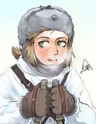 Rule 34 | 1girl, brown gloves, brown hair, espedraws, finnish army, fur hat, gloves, green eyes, grey hat, grey scarf, hat, jacket, long sleeves, low ponytail, original, ponytail, scarf, short ponytail, ski pole, skiing, snot, solo, tongue, tongue out, upper body, white jacket, winter, world war ii