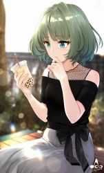 Rule 34 | 1girl, artist name, black bow, blue eyes, blurry, blurry background, bow, bubble tea, commentary request, cup, finger to own chin, green eyes, green hair, heterochromia, highres, holding, holding cup, idolmaster, idolmaster cinderella girls, infinote, lens flare, mole, mole under eye, off-shoulder shirt, off shoulder, shirt, short hair, signature, sitting, skirt, solo, takagaki kaede, thinking