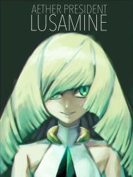 Rule 34 | 1girl, bad id, bad twitter id, bare arms, blonde hair, blue hair, blunt bangs, character name, collarbone, creatures (company), dress, empty eyes, evil grin, evil smile, game freak, gem, green background, green eyes, grin, hair over one eye, koutetsu (fe steel stone), long hair, looking at viewer, lusamine (pokemon), multicolored hair, nintendo, npc trainer, pokemon, pokemon sm, simple background, sleeveless, sleeveless dress, smile, solo, streaked hair, text focus, turtleneck, upper body, white dress
