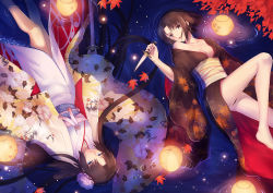 Rule 34 | afloat, arm at side, autumn leaves, bare legs, barefoot, black kimono, black panties, breasts, brown eyes, brown hair, cleavage, closed mouth, collarbone, dagger, dual persona, feet out of frame, floral print, flower, from above, gogatsu fukuin, hair flower, hair ornament, hair ribbon, head tilt, highres, holding, holding sword, holding weapon, japanese clothes, kara no kyoukai, kimono, kimono pull, knee up, knife, lantern, leaf print, light, light particles, long hair, long sleeves, looking at viewer, lying, medium breasts, obi, off shoulder, panties, pantyshot, parted bangs, print kimono, red lips, red ribbon, ribbon, ripples, ryougi shiki, sash, short hair, single bare shoulder, smile, sword, underwear, upside-down, very long hair, water, weapon, white background, white kimono, wide sleeves