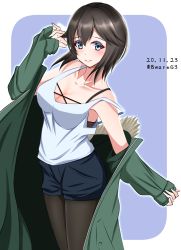 Rule 34 | 1girl, alternate costume, bad id, bad pixiv id, black hair, black pantyhose, black shorts, blue eyes, blush, breasts, casual, cleavage, coat, cowboy shot, dated, green coat, hachiware (8ware63), hayasui (kancolle), highres, kantai collection, large breasts, looking at viewer, one-hour drawing challenge, open clothes, open coat, pantyhose, short hair, shorts, smile, solo, tank top, twitter username, white tank top