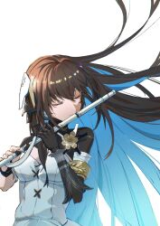 Rule 34 | 1girl, black hair, blue hair, breasts, cleavage, closed eyes, colored inner hair, dress, ggd, hair ornament, long hair, mechanical arms, multicolored hair, playing flute, punishing: gray raven, selena (punishing: gray raven), single mechanical arm, small breasts, white background, white dress