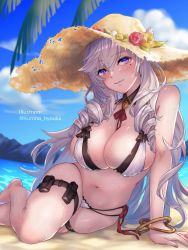 Rule 34 | 1girl, absurdres, algerie (azur lane), algerie (white sand paradise) (azur lane), algerie (white sand paradise) (azur lane), arm support, azur lane, bare shoulders, bikini, blush, bracelet, breasts, cleavage, closed mouth, commentary request, detached collar, flower, hair between eyes, hat, hat flower, head tilt, highres, jewelry, kurono hyouka, large breasts, long hair, looking at viewer, making-of available, mole, mole under eye, navel, outdoors, purple eyes, ringlets, shiny skin, silver hair, sitting, smile, solo, straw hat, swimsuit, thighs, twitter username, two-tone bikini, very long hair, wet, white bikini