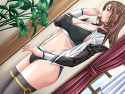 Rule 34 | 00s, 1girl, black bra, black panties, blue eyes, bra, breasts, brown hair, cleavage, curtains, discipline, dutch angle, covered erect nipples, finger to mouth, game cg, itou kaoru, lingerie, long hair, long sleeves, midriff, navel, newhalf, no pants, open clothes, open shirt, panties, plant, sei shoujo, shirt, solo, standing, thighhighs, underwear, wall, window