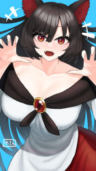 Rule 34 | +++, 1girl, :d, animal ears, bare shoulders, blue background, breasts, brooch, brown hair, claw pose, cleavage, collarbone, commentary request, cowboy shot, dress, eyebrows hidden by hair, fangs, gao, hair between eyes, hands up, highres, imaizumi kagerou, jewelry, ke-su, large breasts, looking at viewer, open mouth, red eyes, simple background, slit pupils, smile, solo, touhou, white dress, wolf ears