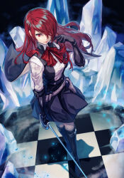 Rule 34 | 1girl, black footwear, black gloves, boots, elbow gloves, from above, gloves, hair over one eye, holding, holding weapon, ice, kirijou mitsuru, long hair, online neet, persona, persona 3, persona 3 reload, red eyes, red hair, solo, weapon