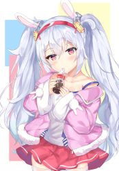 Rule 34 | 1girl, absurdres, animal ears, azur lane, bare shoulders, blush, bottle, breasts, camisole, coke, coke bottle, collarbone, commentary request, cowboy shot, hair between eyes, hair ornament, hairband, head tilt, highres, holding, holding bottle, jacket, laffey (azur lane), lisu, long hair, long sleeves, off shoulder, open clothes, open jacket, parted lips, pink jacket, pleated skirt, rabbit ears, red eyes, red hairband, red skirt, silver hair, skirt, sleeves past wrists, small breasts, solo, strap slip, thighhighs, twintails, very long hair, white camisole, white thighhighs, wide sleeves