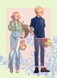 Rule 34 | 1boy, 1girl, aerith gainsborough, alternate costume, asymmetrical hair, bag, blonde hair, blue eyes, blue pants, blue shirt, bouquet, breasts, casual, cloud strife, couple, final fantasy, final fantasy vii, final fantasy vii remake, floral background, flower, full body, green eyes, green shirt, grey pants, hair between eyes, hand in own hair, hand in pocket, high-waist pants, holding, holding bag, holding bouquet, jewelry, lily (flower), long hair, long sleeves, medium breasts, necklace, open mouth, pants, parted bangs, puffy sleeves, sandals, shirt, shoes, short sleeves, sidelocks, smile, spiked hair, square enix, wakakusa-e, wavy hair