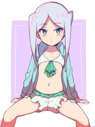 Rule 34 | 10s, 1girl, arm support, bikini, blue hair, child, closed mouth, collarbone, future card buddyfight, jacket, long hair, looking at viewer, miniskirt, moyori, navel, open clothes, open jacket, sitting, skirt, sofia sakharov, solo, swimsuit