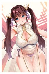 Rule 34 | 1girl, :q, bikini, blue eyes, blush, border, breasts, brown hair, china dress, chinese clothes, cleavage, cleavage cutout, closed mouth, clothing cutout, dress, from below, hair between eyes, highres, indoors, large breasts, licking lips, long hair, looking at viewer, mojarin (kihara mojarin), naughty face, open mouth, original, pelvic curtain, see-through, short sleeves, side-tie bikini bottom, side slit, sidelocks, smile, solo, string bikini, swimsuit, tassel, thigh gap, tongue, tongue out, twintails, very long hair, white border
