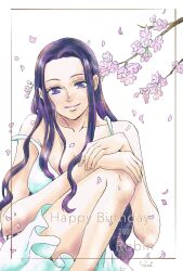 Rule 34 | 1girl, cherry blossoms, commentary request, dress, hanakotoba28, happy birthday, highres, long hair, looking at viewer, nico robin, one piece, purple hair, sidelocks, simple background, smile, solo, white dress