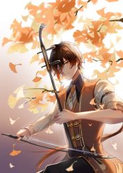 Rule 34 | 1boy, absurdres, black hair, blurry, blurry background, blurry foreground, bow (music), branch, brown hair, chenzcy, chinese clothes, coattails, collared shirt, diamond-shaped pupils, diamond (shape), earrings, erhu, eyeliner, eyeshadow, falling leaves, genshin impact, ginkgo leaf, glint, gradient hair, hair between eyes, hair tie, highres, instrument, jacket, jewelry, leaf, light, long hair, long sleeves, looking at viewer, makeup, male focus, multicolored hair, music, necktie, orange hair, pants, playing instrument, ponytail, red eyeshadow, shadow, shirt, sidelocks, single earring, sitting, solo, symbol-shaped pupils, tassel, tassel earrings, two-tone hair, very long hair, vest, wind, yellow eyes, zhongli (genshin impact)