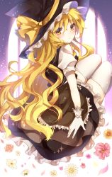 Rule 34 | 1girl, asada sadao, bad id, bad twitter id, blonde hair, blush, bow, braid, flower, from behind, frown, gloves, hair bow, hair ornament, hat, hat ribbon, highres, kirisame marisa, long hair, looking at viewer, looking back, puffy sleeves, revision, ribbon, shirt, short sleeves, side braid, single braid, skirt, skirt set, solo, thighhighs, touhou, very long hair, vest, wavy hair, white gloves, white thighhighs, witch hat, yellow eyes, zettai ryouiki