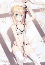 Rule 34 | 1girl, absurdres, artoria pendragon (all), artoria pendragon (fate), bare shoulders, between legs, black bow, blonde hair, blush, bow, bra, breasts, caliburn (fate), fate/unlimited codes, fate (series), flower, green eyes, hair between eyes, hair bow, hand between legs, highres, holding, holding sword, holding weapon, knee up, lingerie, medium breasts, nagishiro mito, open mouth, panties, petals, saber lily, scan, short hair, sitting, solo, sword, thighhighs, underwear, weapon, white bra, white flower, white panties, white thighhighs