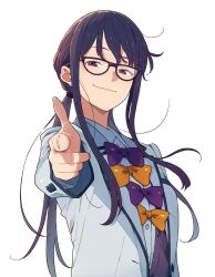 Rule 34 | 1girl, bow, bowtie, cardigan, finger gun, glasses, hair tie, highres, imigimuru, jacket, looking at viewer, low twintails, make heroine ga oo sugiru!, open clothes, open jacket, parted bangs, purple-framed eyewear, purple bow, purple eyes, purple hair, purple sweater, raised eyebrow, sidelocks, smug, solo, sweater, tsukinoki koto, twintails, white background, white jacket, yellow bow