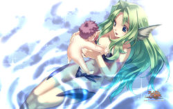 Rule 34 | 10s, 1girl, 2010, agarest senki, agarest senki (series), baby, blue eyes, carrying, company name, copyright name, fins, from above, game cg, green hair, highres, hirano katsuyuki, long hair, maebari, nude, official art, partially submerged, purple hair, reverie (agarest senki), sitting, smile, water