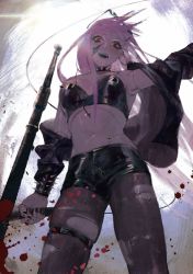 Rule 34 | 1girl, bare shoulders, bespectacled, black bra, black jacket, black nails, black pantyhose, black shorts, blood, blood splatter, bra, bracelet, collar, cracked skin, doll, doll joints, from below, glasses, highres, indie virtual youtuber, jacket, jacket partially removed, jewelry, joints, jowol, looking at viewer, midriff, nail polish, navel, open clothes, open jacket, pantyhose, pink hair, red eyes, shiny clothes, short shorts, shorts, skindentation, solo, spiked bracelet, spiked collar, spikes, strapless, strapless bra, sunglasses, the old crane, torn clothes, torn pantyhose, underwear, virtual youtuber
