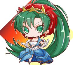 Rule 34 | 1girl, breasts, chibi, earrings, fire emblem, fire emblem: the blazing blade, fire emblem heroes, green eyes, green hair, griffonmask11, high ponytail, highres, jewelry, large breasts, long hair, lyn (fire emblem), mask, mask on head, nintendo, official alternate costume, ponytail, solo, very long hair