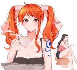 Rule 34 | 2girls, ?, bare shoulders, black hair, camisole, coffee, collarbone, crossed legs, cup, earrings, extra arms, eyewear on head, hana hana no mi, hand on own cheek, hand on own face, hand up, hands up, holding, holding cup, holding own hair, jewelry, joman, long hair, looking at another, looking at viewer, microskirt, multiple girls, nami (one piece), nico robin, one piece, orange eyes, orange hair, petals, shirt, shoulder tattoo, sitting, skirt, sleeveless, sleeveless shirt, smile, steam, sunglasses, tattoo, twitter, twitter username, two side up, very long hair