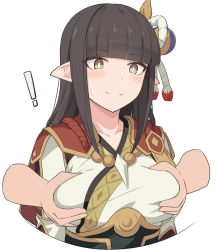 Rule 34 | 1girl, blunt bangs, blush, grabbing another&#039;s breast, breasts, disembodied hand, eyeshadow, grabbing, grabbing from behind, hair ornament, hinoa, large breasts, long hair, makeup, monster hunter (series), monster hunter rise, pointy ears, red eyeshadow, shiseki hirame, smile, solo focus