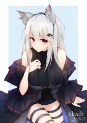 Rule 34 | 1girl, animal ear fluff, animal ears, aqua background, arknights, artist name, ascot, black ascot, black pants, black shirt, blush, breasts, cat ears, character name, chinese clothes, closed mouth, clothing cutout, dated, detached sleeves, hair between eyes, hair ornament, hairband, hand on own chest, highres, large breasts, leria v, long hair, looking at viewer, no headwear, orca, pants, pink eyes, shirt, sidelocks, signature, silver hair, simple background, skadi (arknights), solo, straight hair, thigh cutout, thigh strap, thighs, turtleneck, whale hair ornament