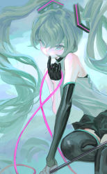 Rule 34 | 1girl, black gloves, black skirt, black thighhighs, closed mouth, commentary, detached sleeves, fkey, gloves, green eyes, green hair, green theme, half gloves, hatsune miku, highres, long hair, looking at viewer, miniskirt, single glove, skirt, solo, thighhighs, twintails, vocaloid