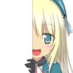 Rule 34 | 10s, 1girl, :d, aqua eyes, ascot, atago (kancolle), beret, black gloves, blonde hair, gloves, hat, kantai collection, long hair, looking at viewer, nagineko, open mouth, peeking out, smile, solo, transparent background, uniform