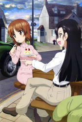 Rule 34 | 2girls, :d, absurdres, belt, black hair, brown eyes, brown hair, brown pants, cake, car, cloud, collared shirt, crossed legs, dress, eating, food, fork, frilled sleeves, frills, girls und panzer, green jacket, grey eyes, highres, holding, holding cake, holding food, holding fork, house, jacket, unworn jacket, lamppost, long hair, long sleeves, looking to the side, megami magazine, motor vehicle, multiple girls, nishi kinuyo, nishizumi miho, official art, open mouth, outdoors, pants, picnic table, pink dress, pointing, road, scan, shirt, short hair, sidewalk, sitting, sky, smile, table, utensil in mouth, wang guo nian, white shirt, window