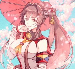 Rule 34 | 1girl, bare shoulders, brown hair, cherry blossoms, detached sleeves, flower, hair flower, hair intakes, hair ornament, headgear, holding, holding umbrella, kantai collection, kasumi (skchkko), long hair, long sleeves, looking at viewer, oil-paper umbrella, ponytail, red eyes, red umbrella, shirt, smile, solo, umbrella, upper body, white shirt, yamato (kancolle)